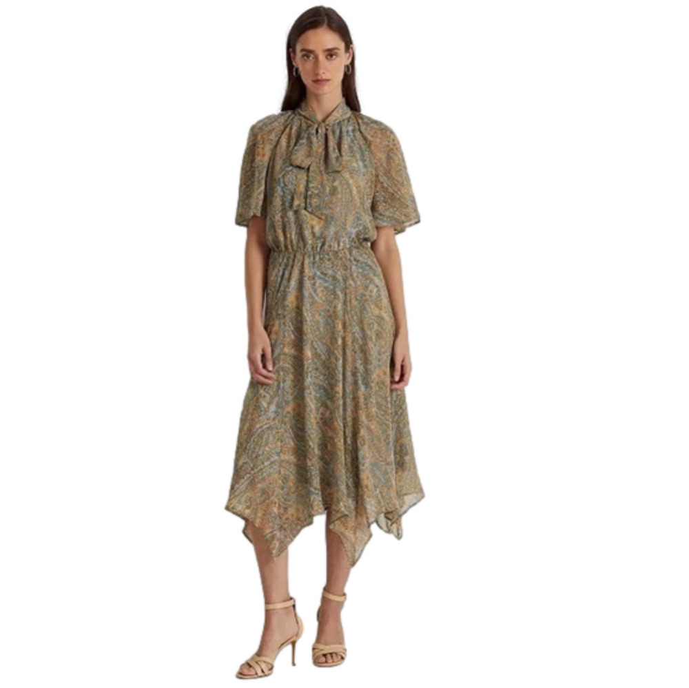 LAUREN RALPH LAUREN Women's Paisley Crinkle Georgette Tie-Neck Dress